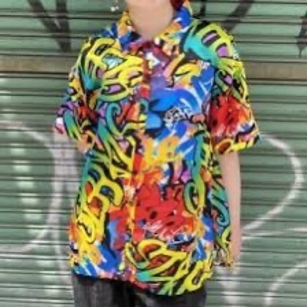 Julia by LoveJ graffiti silk textured button up short sleeve top size S